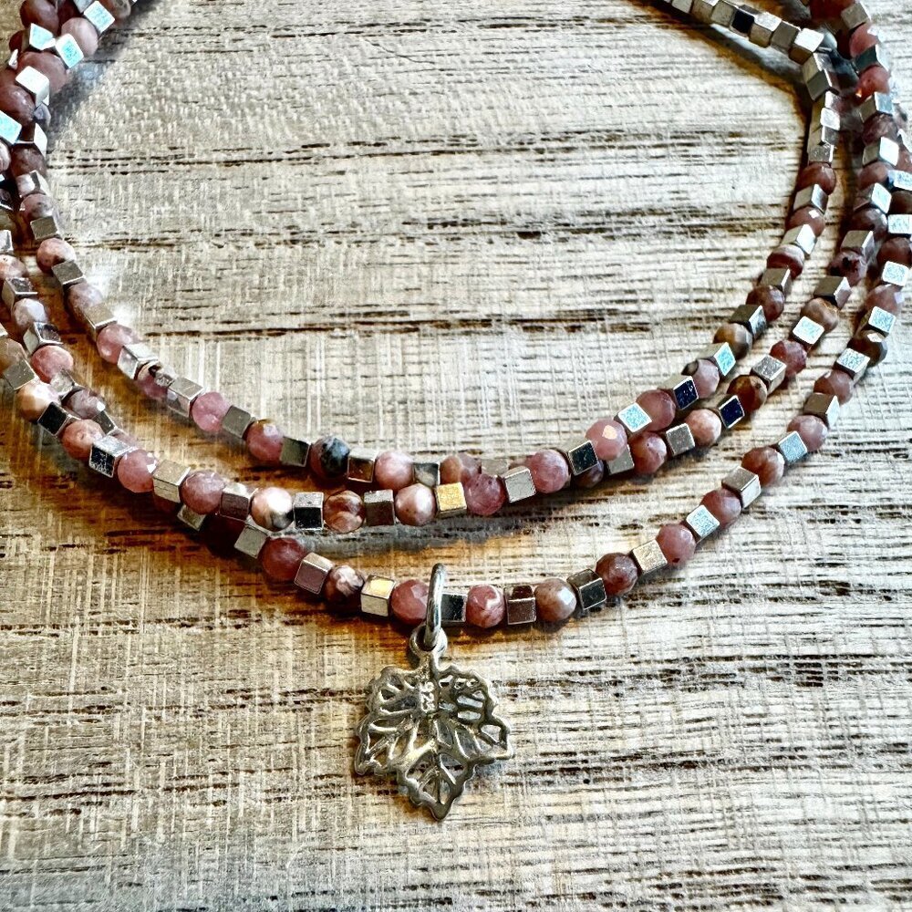 Dainty Peach Sunstone & Silver Hematite Wire Wrap Bracelet w/ Maple Leaf